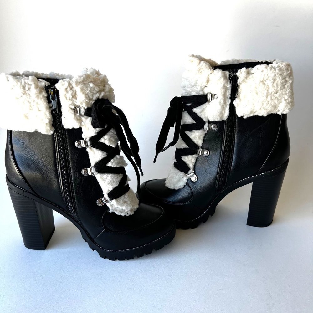 BCGeneration Black Fur booties Chunky Heel Women Boots Size 8 - Picture 9 of 12